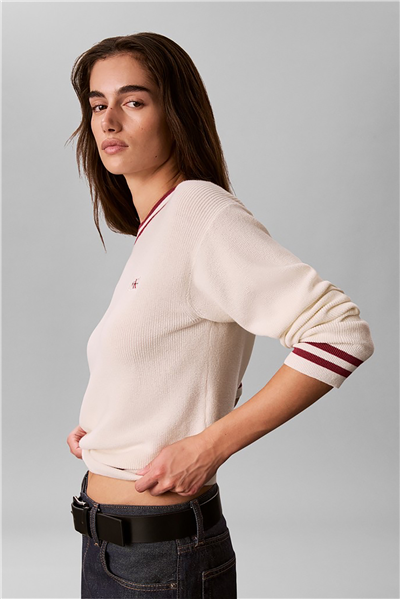 Calvin Klein Woven Label Crewneck Sweater Kadın Triko Beyaz