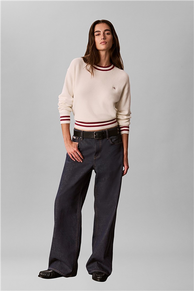 Calvin Klein Woven Label Crewneck Sweater Kadın Triko Beyaz