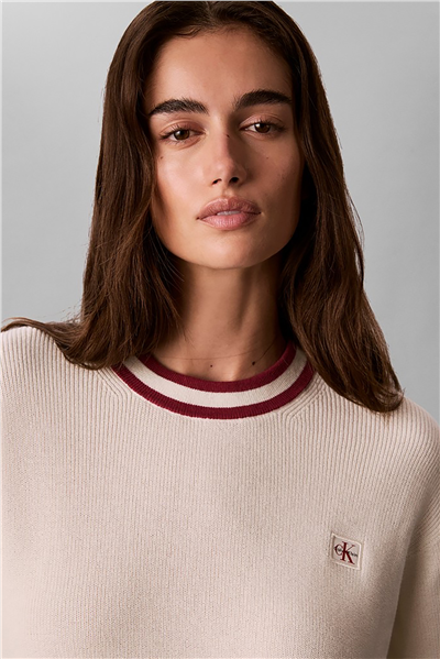 Calvin Klein Woven Label Crewneck Sweater Kadın Triko Beyaz