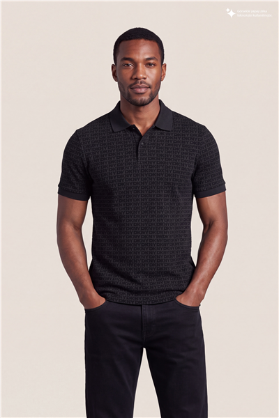 DKNY Allover Jacquard Polo Erkek Polo Yaka T-Shirt Siyah