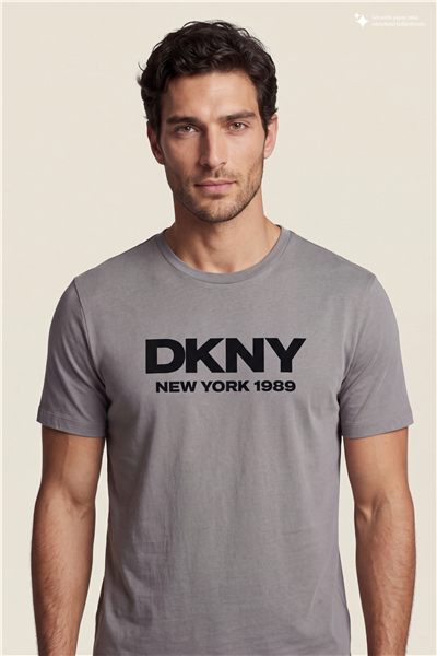 DKNY Flok Logo Tee Erkek Bisiklet Yaka T-Shirt Gri