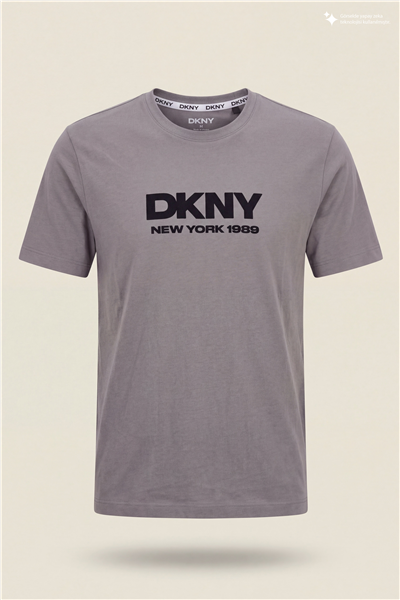 DKNY Flok Logo Tee Erkek Bisiklet Yaka T-Shirt Gri