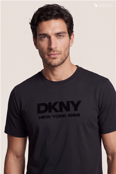 DKNY Flok Logo Tee Erkek Bisiklet Yaka T-Shirt Siyah