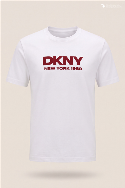 DKNY Flok Logo Tee Erkek Bisiklet Yaka T-Shirt Beyaz