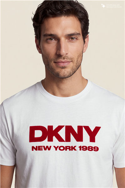 DKNY Flok Logo Tee Erkek Bisiklet Yaka T-Shirt Beyaz