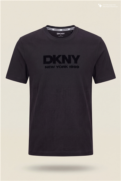 DKNY Flok Logo Tee Erkek Bisiklet Yaka T-Shirt Siyah