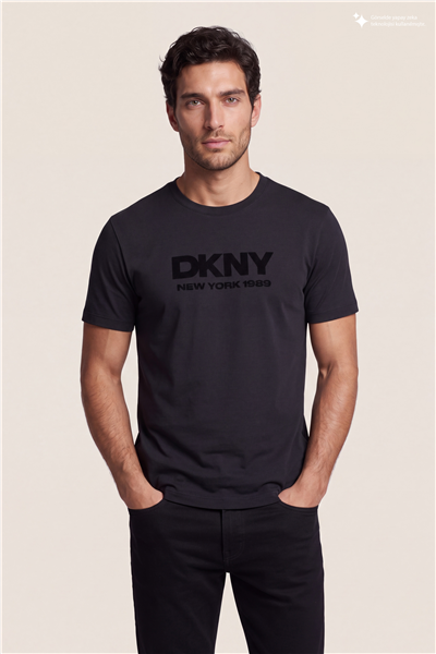 DKNY Flok Logo Tee Erkek Bisiklet Yaka T-Shirt Siyah