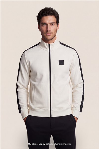 DKNY Jacquard Tape Fullzip Sweatshirt Erkek Fermuarlı Sweatshirt Beyaz
