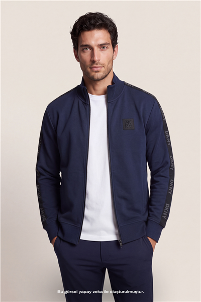 DKNY Jacquard Tape Fullzip Sweatshirt Erkek Fermuarlı Sweatshirt Lacivert