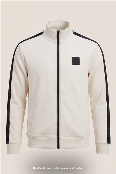 DKNY Jacquard Tape Fullzip Sweatshirt Erkek Fermuarlı Sweatshirt Beyaz