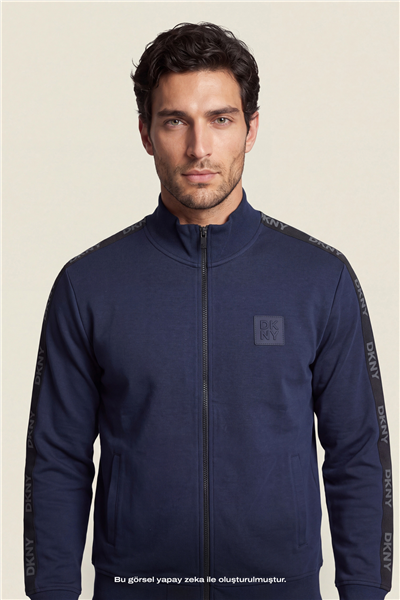 DKNY Jacquard Tape Fullzip Sweatshirt Erkek Fermuarlı Sweatshirt Lacivert