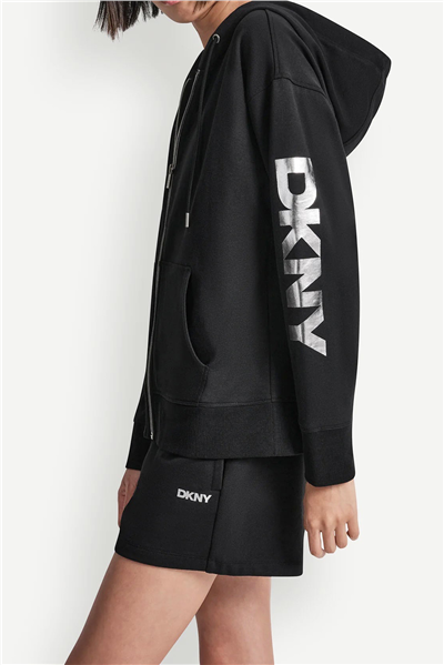 DKNY Kadın Dkny Foil Logo Full Kapüşonlu Sweatshirt Siyah