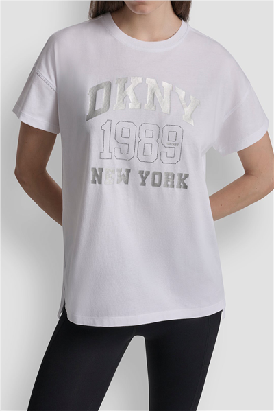 DKNY Kadın Dkny Ny 1989 Rhinest Bisiklet Yaka T-Shirt Beyaz