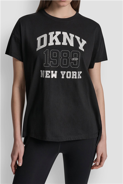 DKNY Kadın Dkny Ny 1989 Rhinest Bisiklet Yaka T-Shirt Siyah
