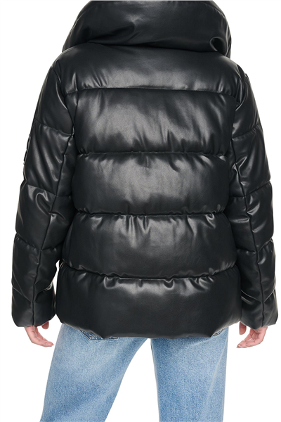 DKNY Kadın Faux Leather Puffer Şişme Mont Siyah