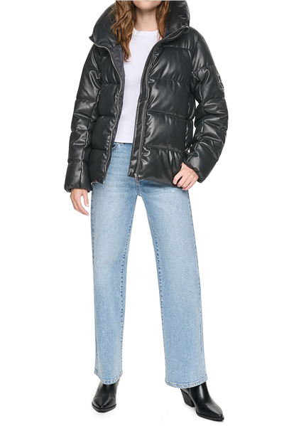 DKNY Kadın Faux Leather Puffer Şişme Mont Siyah