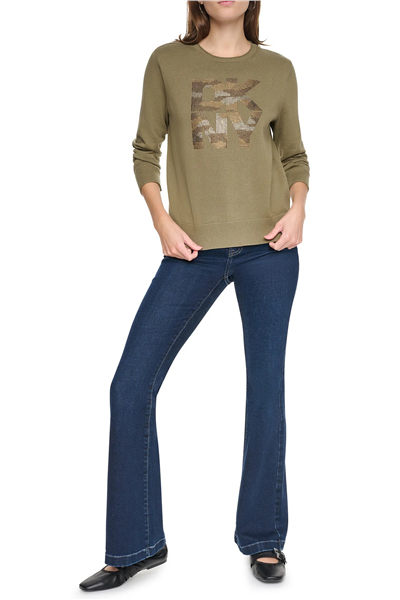 DKNY Kadın Long Sleeve Crew Nec Triko Yeşil