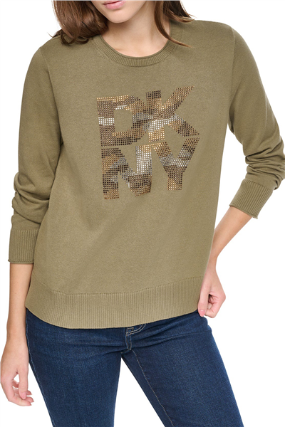 DKNY Kadın Long Sleeve Crew Nec Triko Yeşil