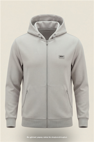 DKNY Logo Patch Hoodie Erkek Kapüşonlu Sweatshirt Taş Rengi