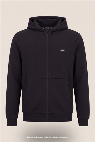 DKNY Logo Patch Hoodie Erkek Kapüşonlu Sweatshirt Siyah