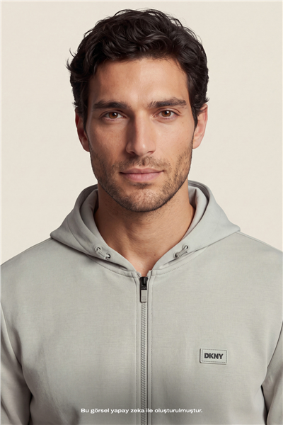 DKNY Logo Patch Hoodie Erkek Kapüşonlu Sweatshirt Taş Rengi