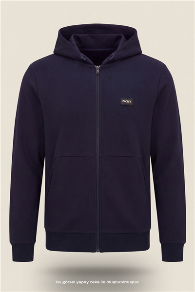 DKNY Logo Patch Hoodie Erkek Kapüşonlu Sweatshirt Lacivert