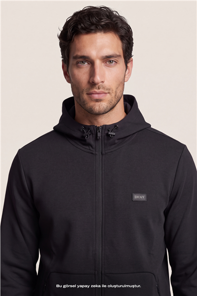 DKNY Logo Patch Hoodie Erkek Kapüşonlu Sweatshirt Siyah
