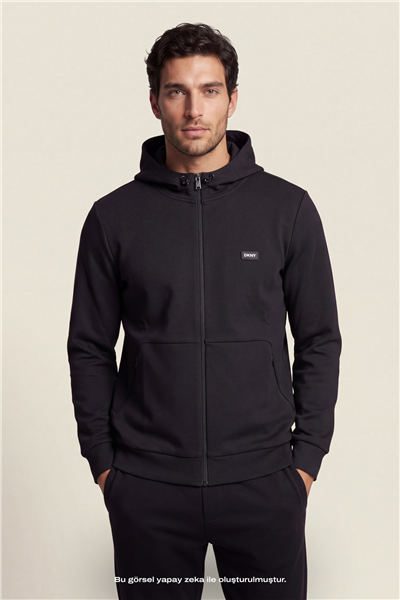 DKNY Logo Patch Hoodie Erkek Kapüşonlu Sweatshirt Siyah