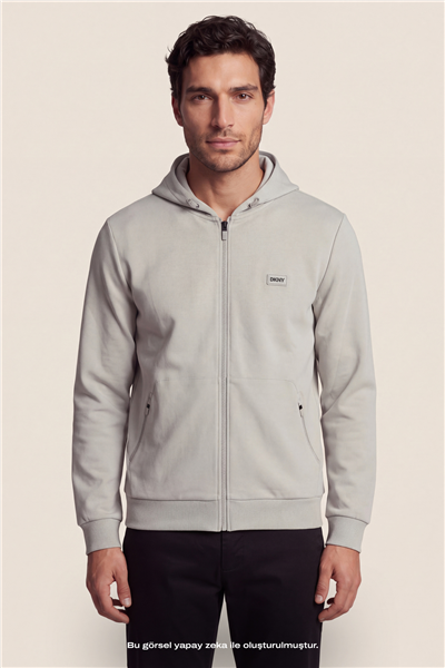 DKNY Logo Patch Hoodie Erkek Kapüşonlu Sweatshirt Taş Rengi
