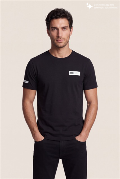 DKNY PU Logo Tee Erkek Bisiklet Yaka T-Shirt Siyah