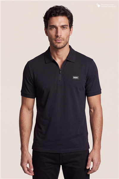 DKNY Quarter Zip Polo Erkek Polo Yaka T-Shirt Siyah