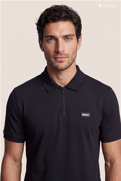 DKNY Quarter Zip Polo Erkek Polo Yaka T-Shirt Siyah