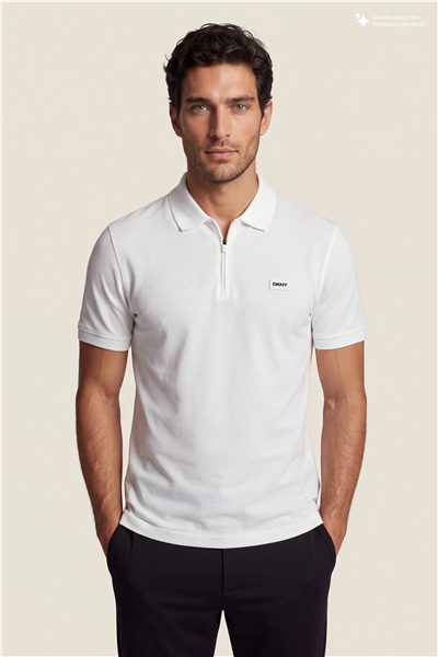 DKNY Quarter Zip Polo Erkek Polo Yaka T-Shirt Beyaz