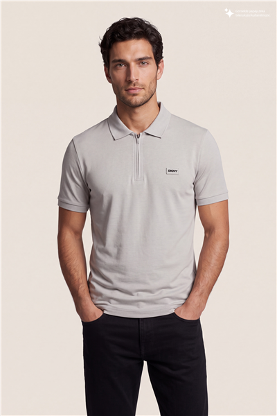 DKNY Quarter Zip Polo Erkek Polo Yaka T-Shirt Taş Rengi