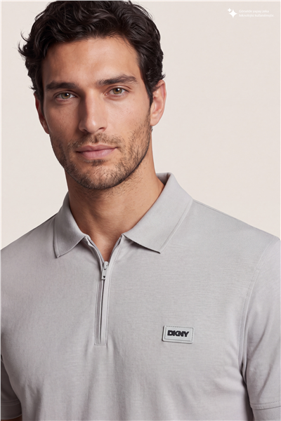 DKNY Quarter Zip Polo Erkek Polo Yaka T-Shirt Taş Rengi