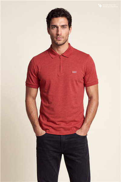 DKNY Quarter Zip Polo Erkek Polo Yaka T-Shirt Kiremit