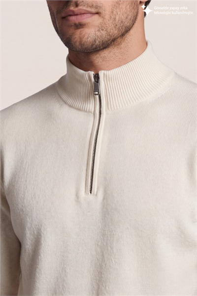DKNY Quarter-Zip Ribbed Knit Sweater Erkek Triko Beyaz