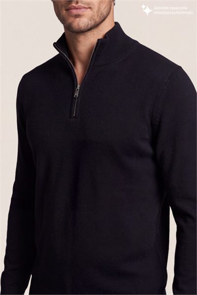 DKNY Quarter-Zip Ribbed Knit Sweater Erkek Triko Siyah