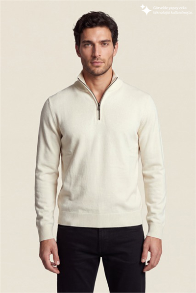 DKNY Quarter-Zip Ribbed Knit Sweater Erkek Triko Beyaz
