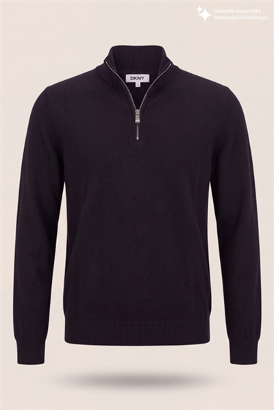 DKNY Quarter-Zip Ribbed Knit Sweater Erkek Triko Siyah