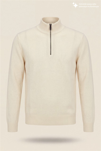 DKNY Quarter-Zip Ribbed Knit Sweater Erkek Triko Beyaz