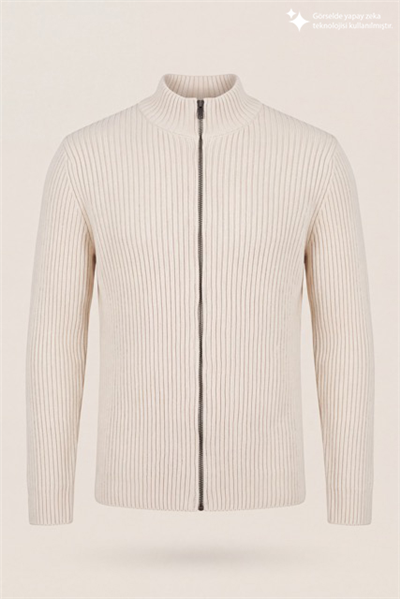 DKNY Ribbed Full-Zip Knit Sweater Erkek Triko Beyaz