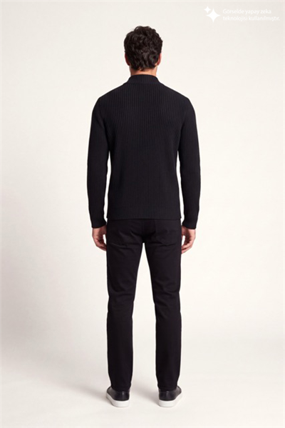 DKNY Ribbed Full-Zip Knit Sweater Erkek Triko Siyah