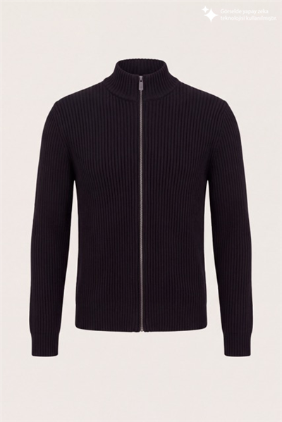 DKNY Ribbed Full-Zip Knit Sweater Erkek Triko Siyah