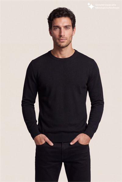 DKNY Ribbed Wool Blend Crew Sweater Erkek Triko Siyah
