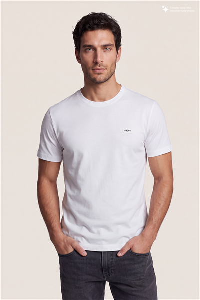 DKNY Silicone Logo Patch Tee Erkek Bisiklet Yaka T-Shirt Beyaz