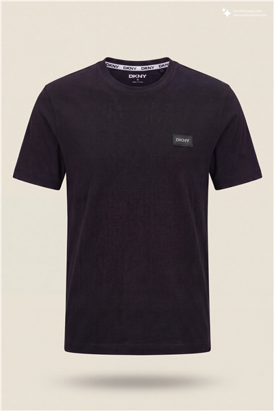 DKNY Silicone Logo Patch Tee Erkek Bisiklet Yaka T-Shirt Siyah