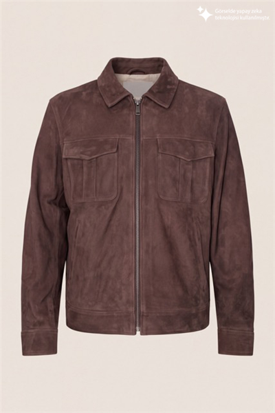 DKNY Suede Leather Zip Overshirt Erkek Deri Mont Kahverengi
