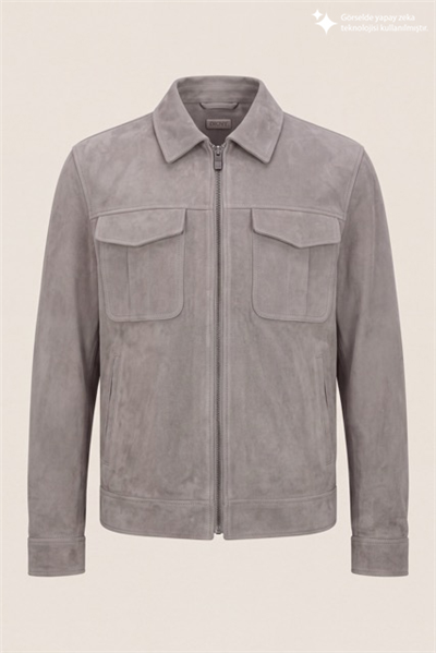 DKNY Suede Leather Zip Overshirt Erkek Deri Mont Gri