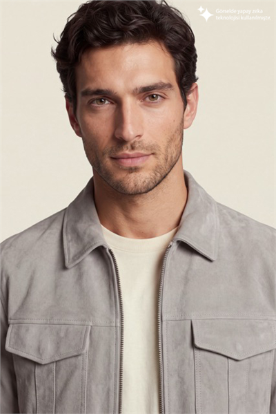 DKNY Suede Leather Zip Overshirt Erkek Deri Mont Gri